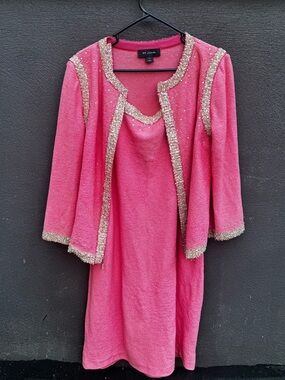 St. John Pink Beaded Trim Knit Jacket and Dress Set